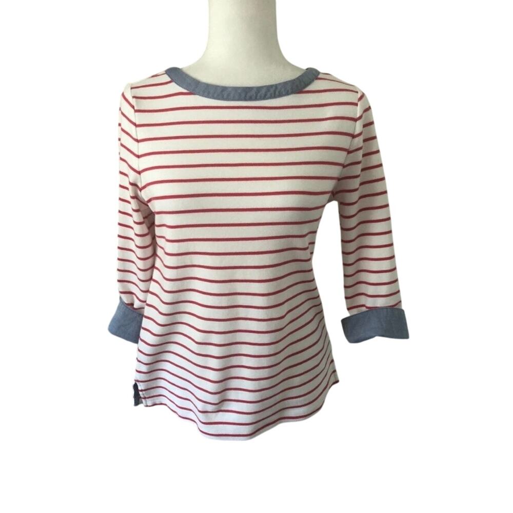 Nautica Small Red White Stripe 3/4 Sleeve Chambray Cuff Nautical Coastal Shirt